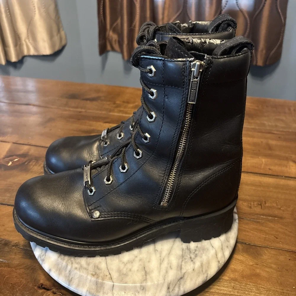 VTG Harley Davidson 91028 Black Leather Side Zip Lace Up Biker Boots Men Sz 9